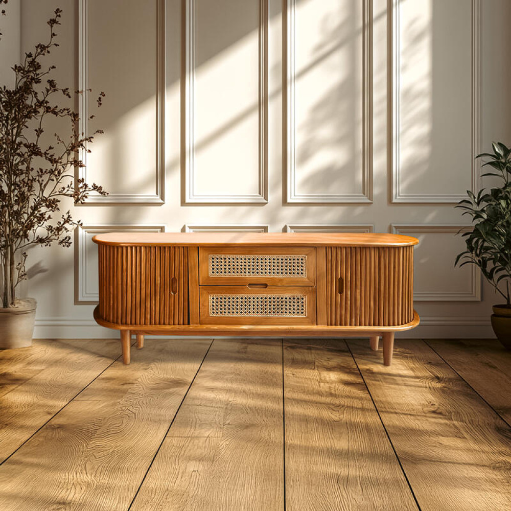 Hazeran Desenli Tik (Teak) TV Ünitesi – 140 cm El Yapımı Oval Ahşap Konsol