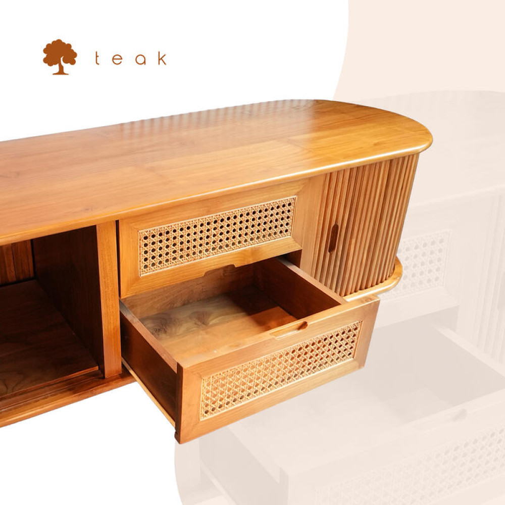 Hazeran Desenli Tik (Teak) TV Ünitesi – 140 cm El Yapımı Oval Ahşap Konsol