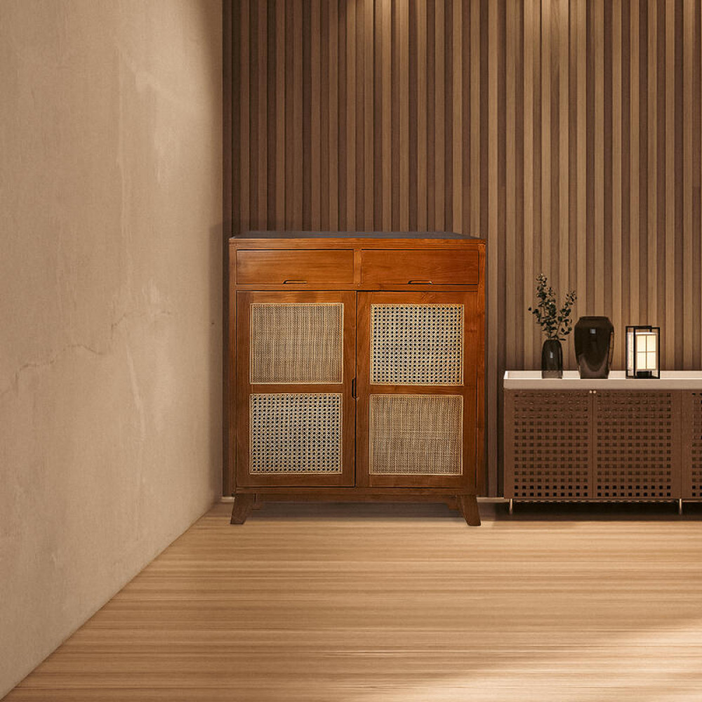 El Yapımı Hazeran Desenli Tik Dolap - Çekmeceli Ahşap Konsol 90x150x50