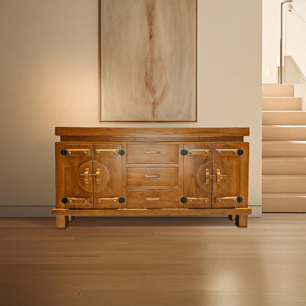 Asya Tarzı 3 Çekmeceli 4 Kapaklı Teak Ahşap Konsol - 82x150x40 Masif Dolap