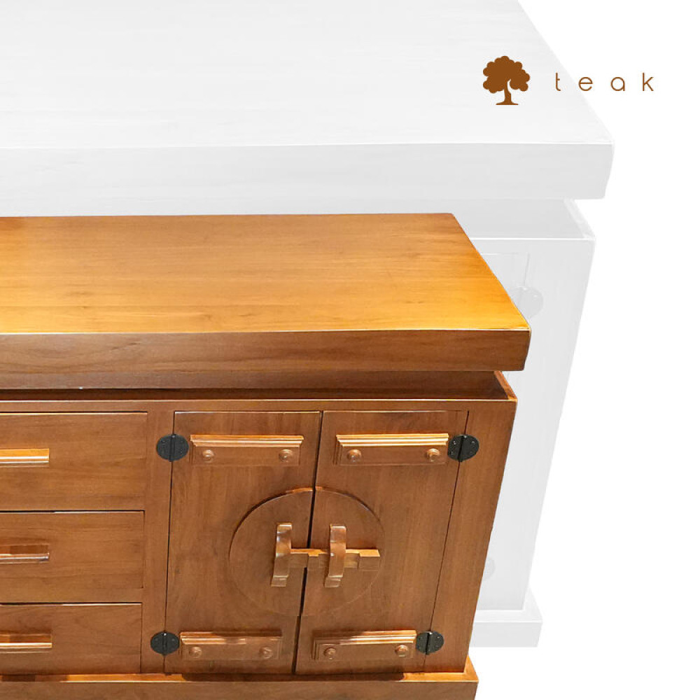 Asya Tarzı 3 Çekmeceli 4 Kapaklı Teak Ahşap Konsol - 82x150x40 Masif Dolap