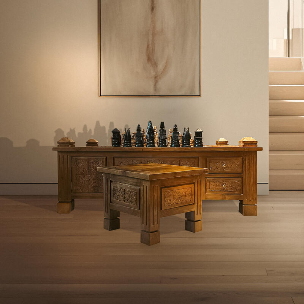 El Yapımı Tik Satranç Takımı - Oyma Figürlü Masa ve 2 Oturak Dahil 55X130X60