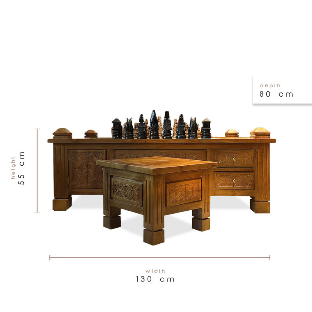 El Yapımı Tik Satranç Takımı - Oyma Figürlü Masa ve 2 Oturak Dahil 55X130X60
