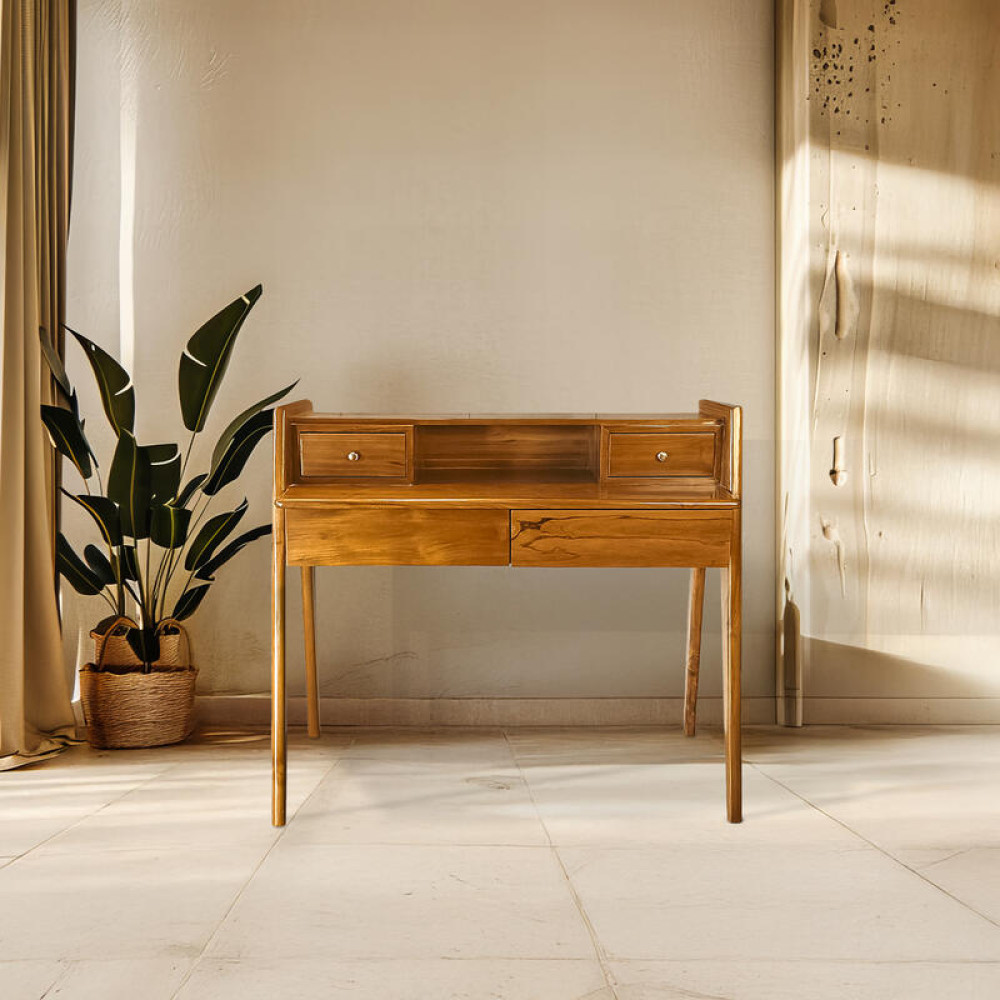 Lüks Raflı Tik Masif Dresuar 100x110x50 - Çok Amaçlı Ahşap Çalışma ve Makyaj Masası