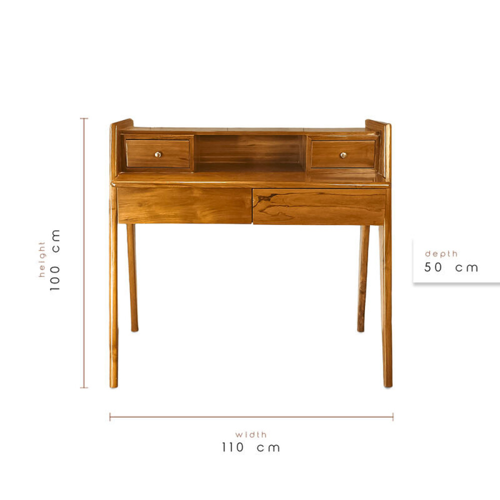 Lüks Raflı Tik Masif Dresuar 100x110x50 - Çok Amaçlı Ahşap Çalışma ve Makyaj Masası