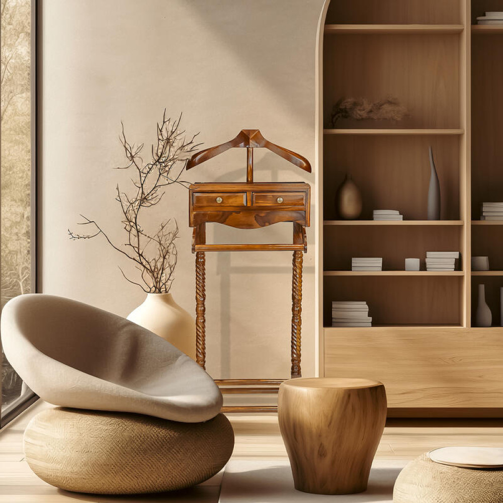 Lüks El Yapımı Teak Ahşap Valet Stand – 125 cm Çekmeceli Ceketlik & Giyisi Askısı