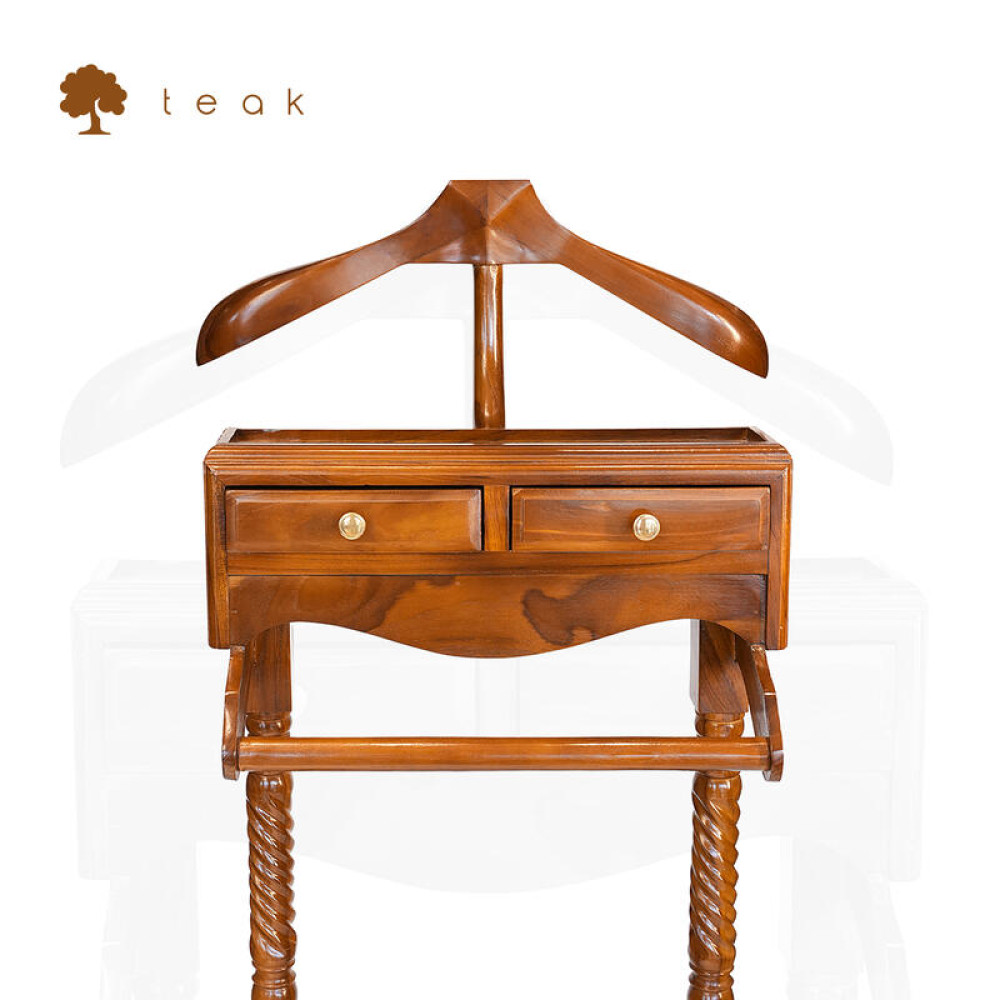 Lüks El Yapımı Teak Ahşap Valet Stand – 125 cm Çekmeceli Ceketlik & Giyisi Askısı