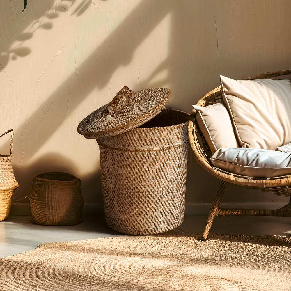 Lüks Rattan Kapaklı Hasır Silindir Sepet 30x35 - Doğal & El Yapımı Saklama Çözümü