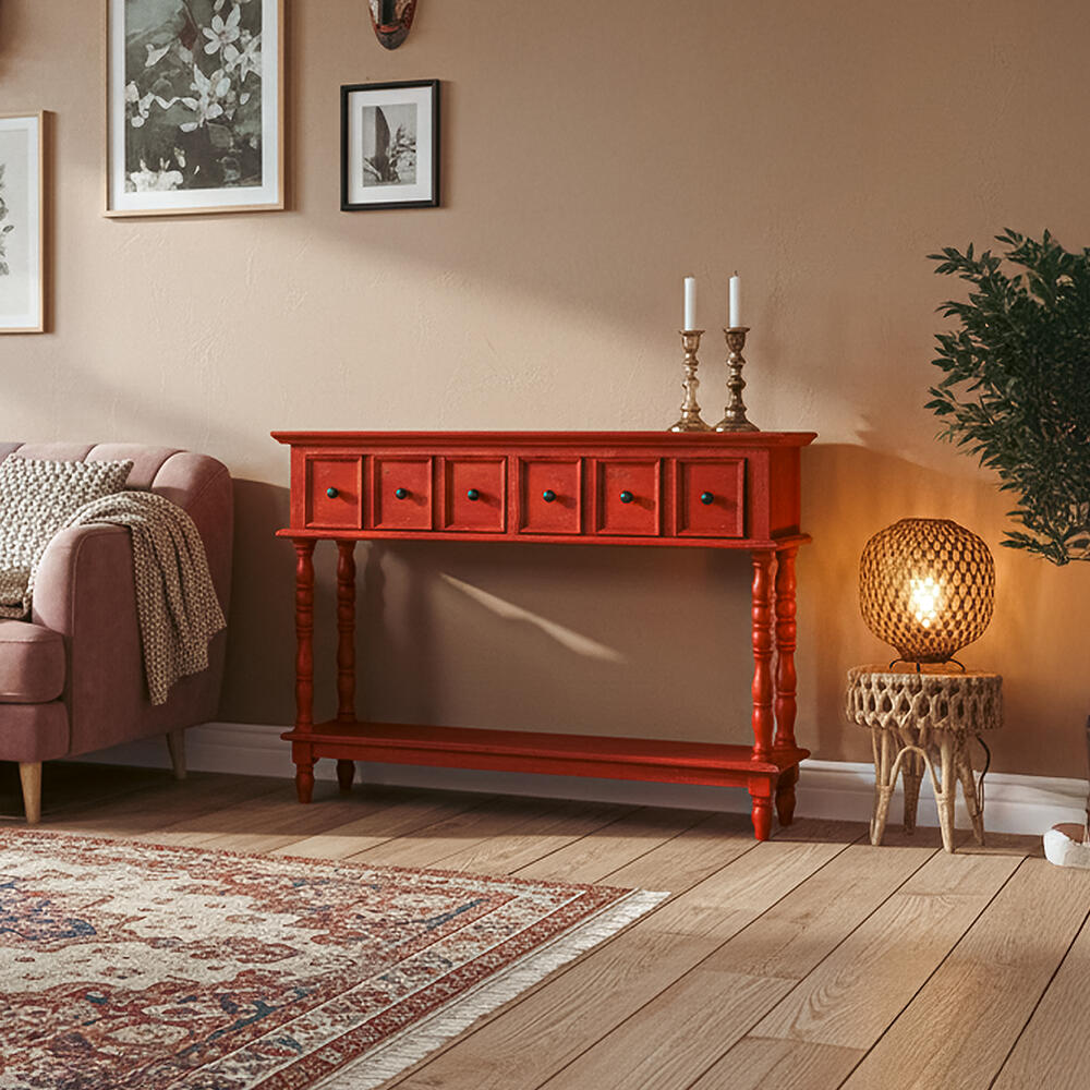 Vintage Kırmızı Çekmeceli Teak Ahşap Konsol Dresuar 80x73x38