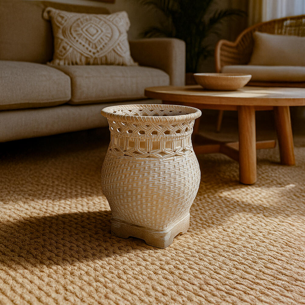 Lüks Krem Rengi Örgü Desenli Bohem Teak Saksılık 22x26