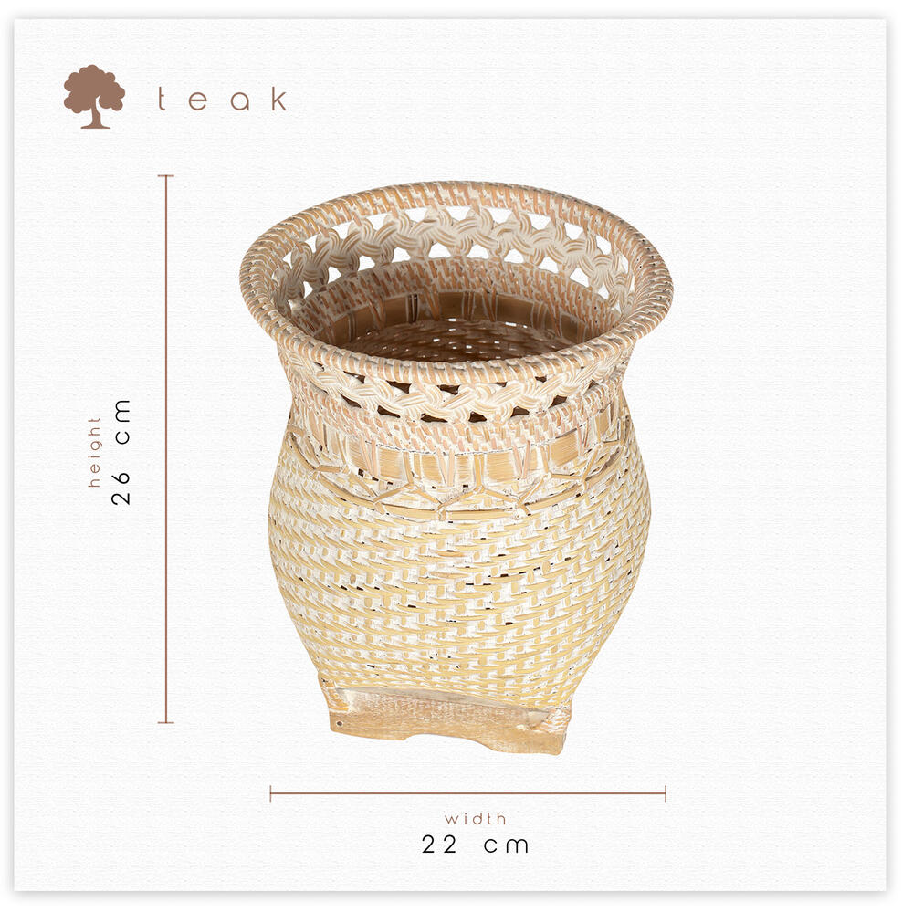 Lüks Krem Rengi Örgü Desenli Bohem Teak Saksılık 22x26