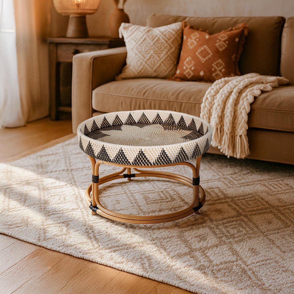 Lüks Rattan Hasır Bohem Orta Sehpa Seti - Yuvarlak Geometrik Desenli Servis Tepsili (30x25x25, 40x30x30, 50x40x40)