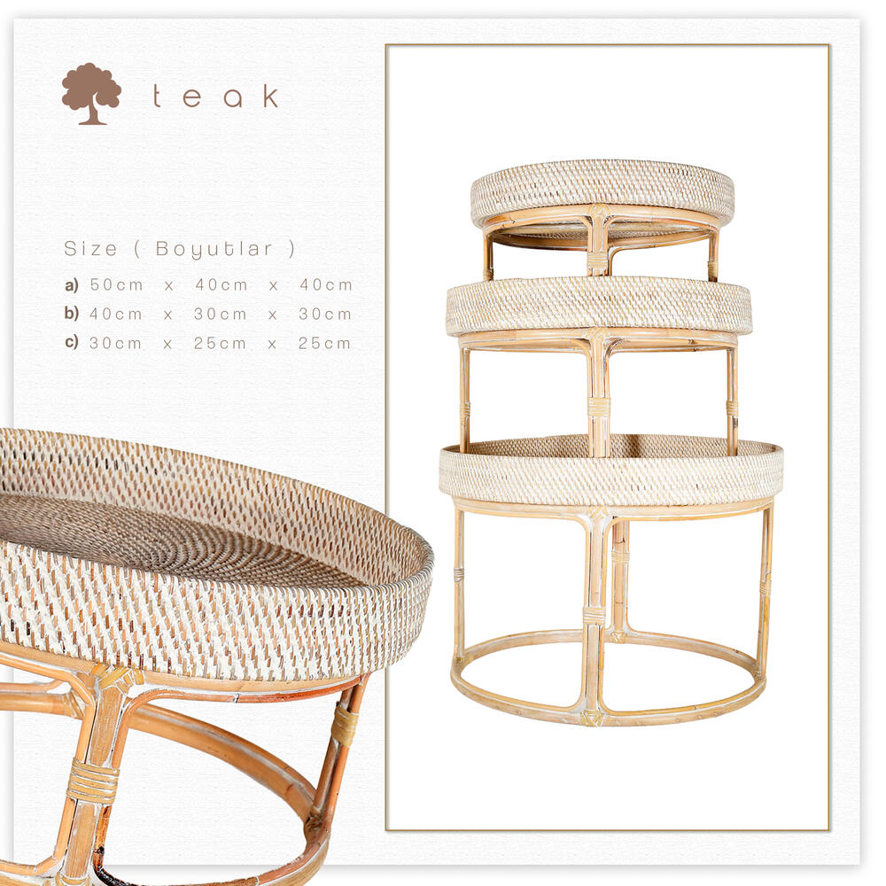Lüks Rattan Hasır Bohem Orta Sehpa Seti - Yuvarlak Geometrik Desenli Servis Tepsili (30x25x25, 40x30x30, 50x40x40)