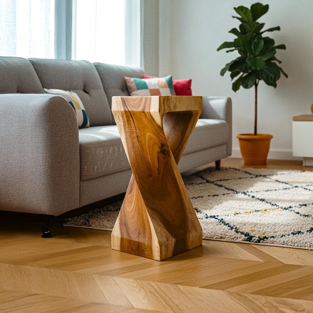 Lüks Teak Ağacı Burgulu Yan Sehpa 45 cm - Doğal Masif Kum Saati Tasarım