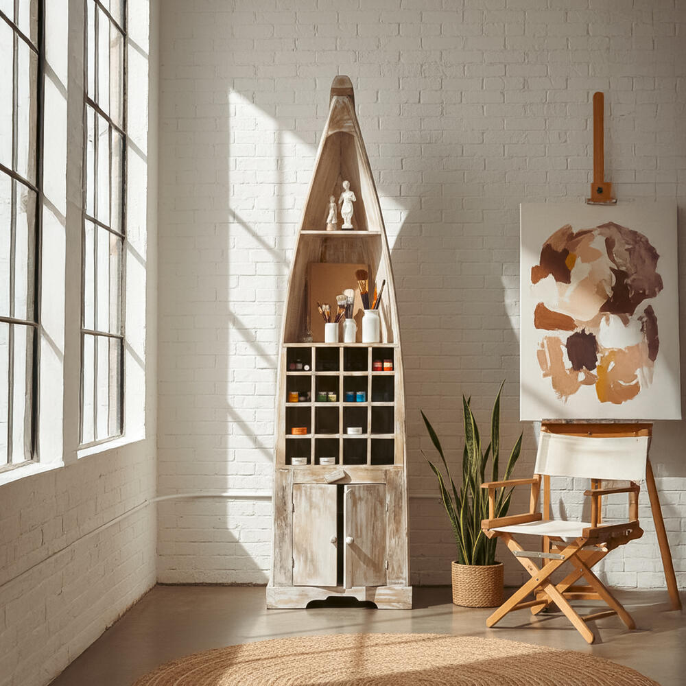 Teak Ağacı Lüks Tekne Formlu Çok Amaçlı Dolap - 195 Cm Yüksek Raf Ünitesi