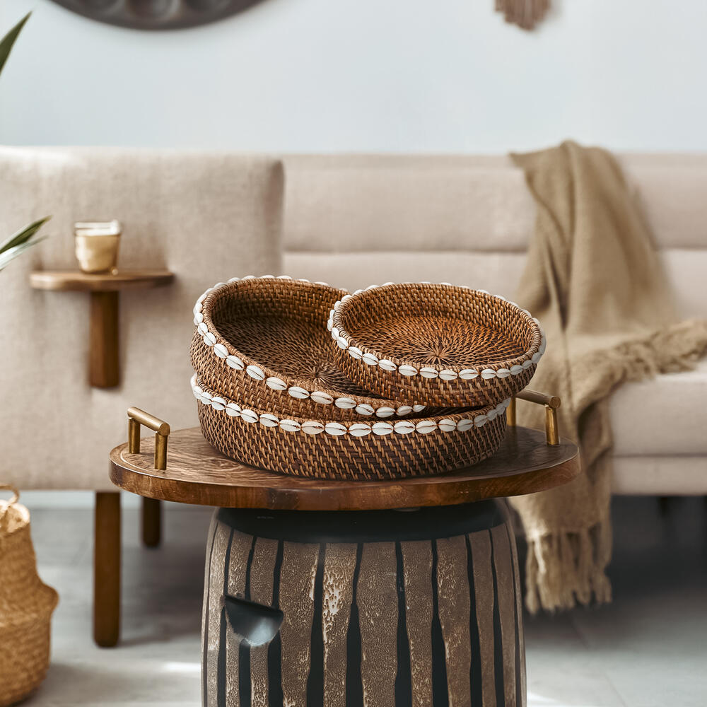 Lüks Midye Kabuklu Rattan Servis Tepsisi Seti 30x30,25x25,20x20