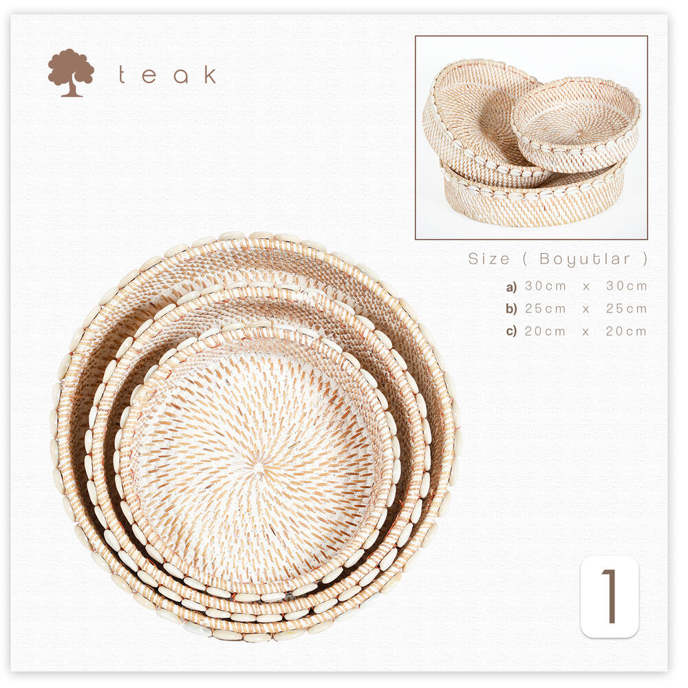Lüks Midye Kabuklu Rattan Servis Tepsisi Seti 30x30,25x25,20x20