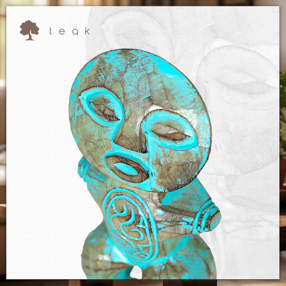 Turkuaz Eskitme Ahşap Tribal Heykel Seti 12x26, 13x32, 14x36