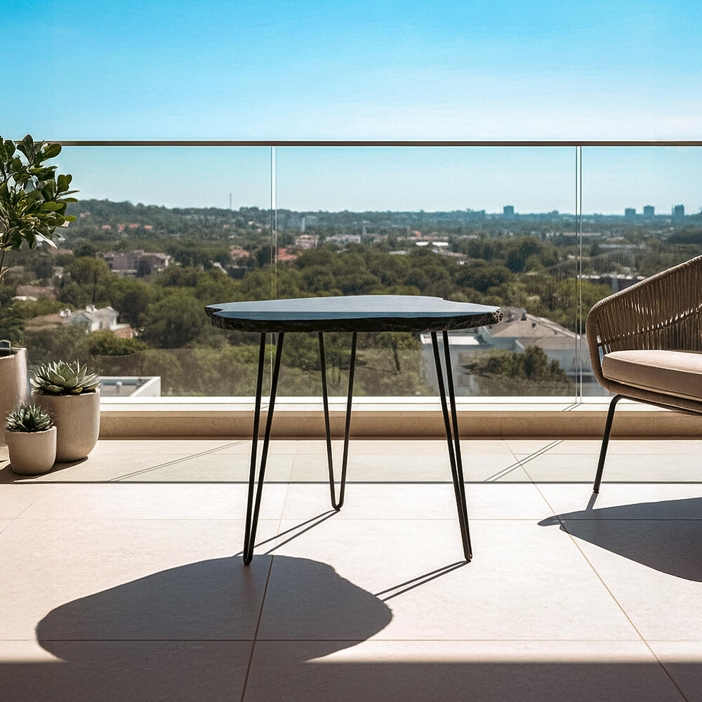 Doğal Taş Görünümlü Metal Ayaklı Teak Yan Sehpa 52x47x47