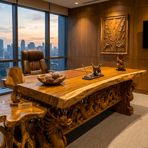 Deniz manzaralı lüks ofiste Teak ağacı yönetici masası ve el oyması ahşap ejderha heykeli - Adam's Luxury Home