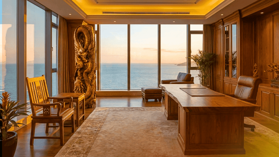 Deniz manzaralı lüks ofiste Teak ağacı yönetici masası ve el oyması ahşap ejderha heykeli - Adam's Luxury Home