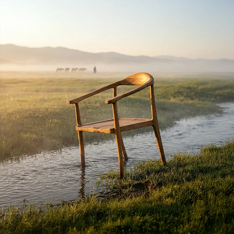 Natura arc masif teak kavisli sandalye doğa ve wabi sabi konsept çekimi
