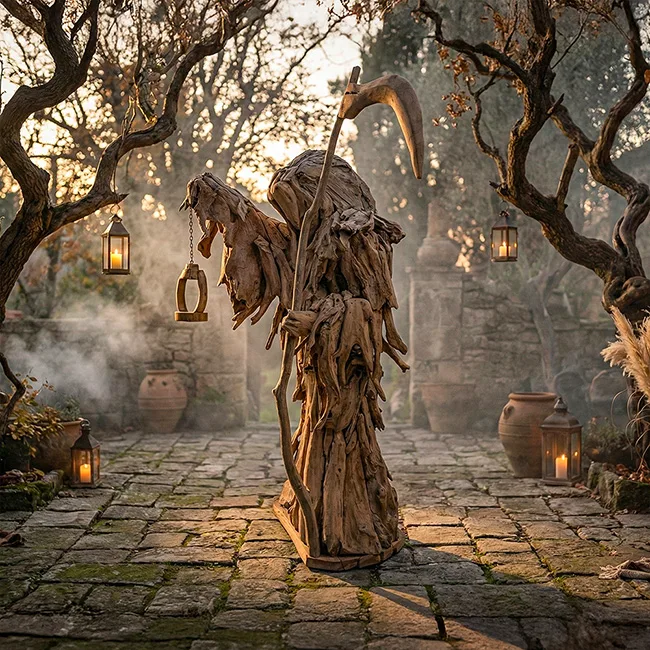 Mythic Reaper masif teak driftwood dev ahşap heykel mistik bahçe dekorasyonu