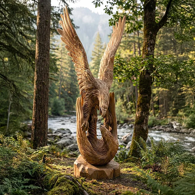 Sky Monarch masif teak el oyma dev kartal heykeli 210 cm bahçe sanatı