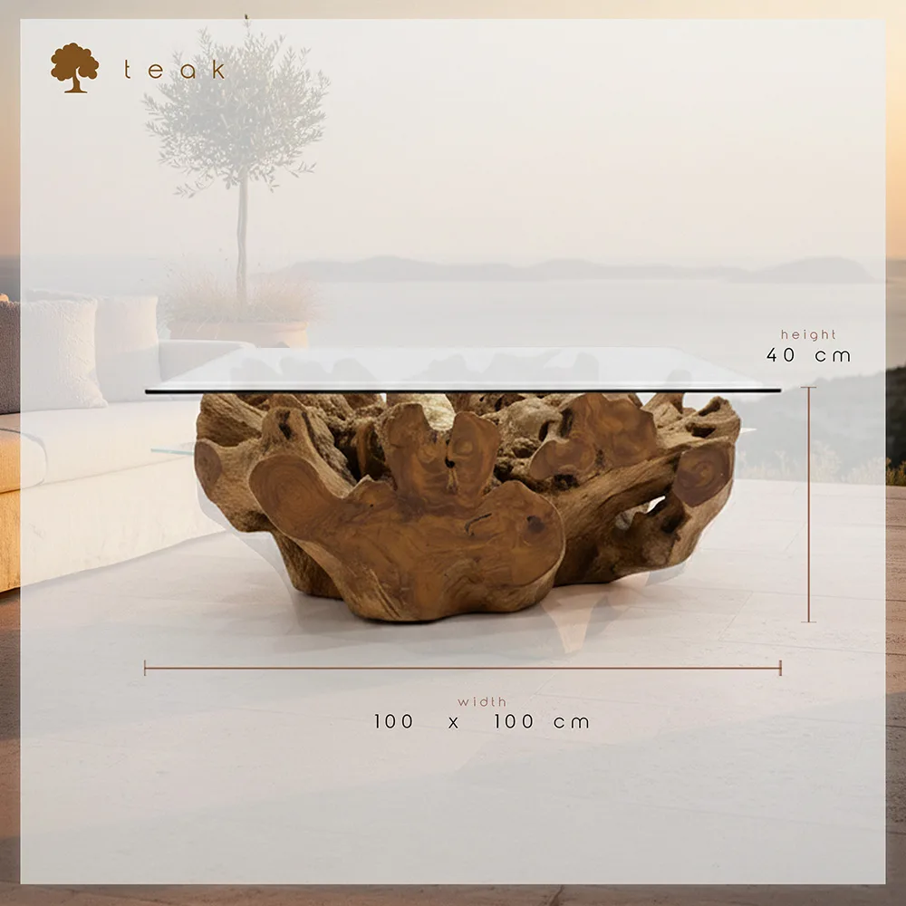 Kare cam tablalı kütük orta sehpa 100x100 cm teknik çizim