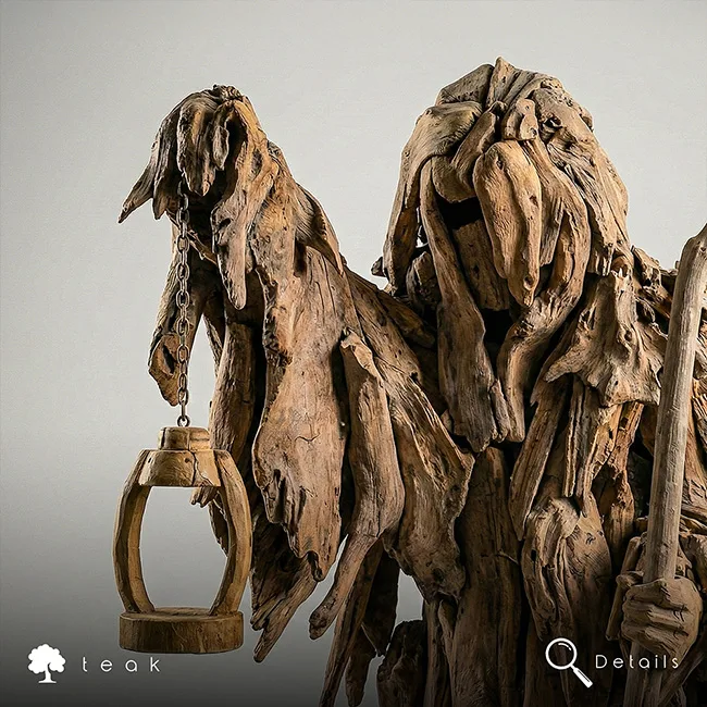 Driftwood el işçiliği ahşap heykel pelerin ve sarkan fener detayı