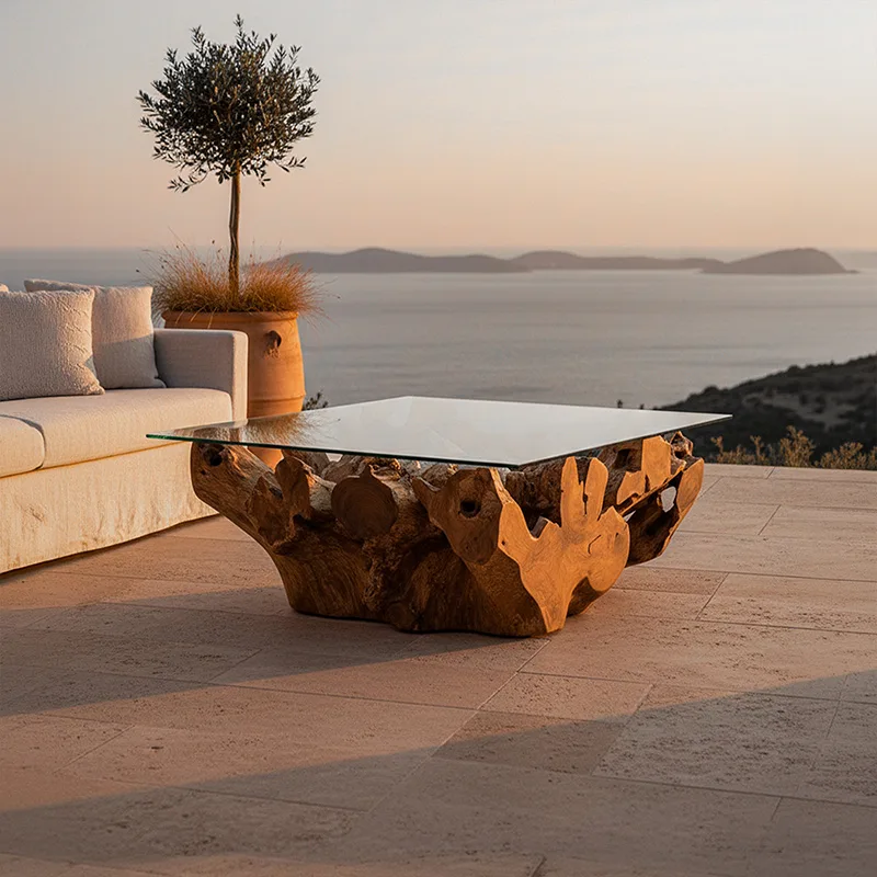 Lüks salon ve teras için camlı teak kökü sehpa tasarımı
