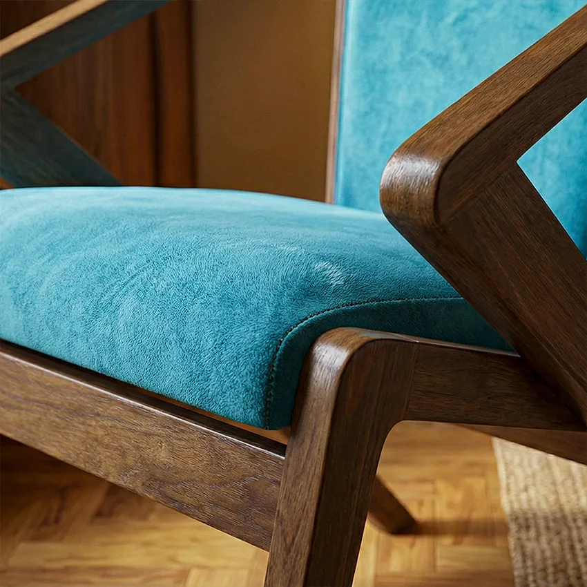 Turkuaz yumuşak döşeme ve masif teak z kolçak ahşap birleşim detayı