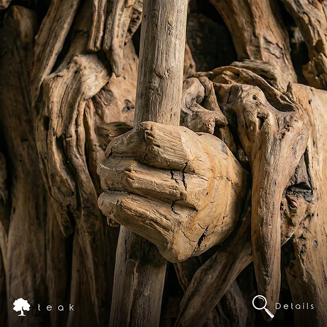 Masif teak dev heykel el işçiliği tırpan tutan el ahşap oyma detay