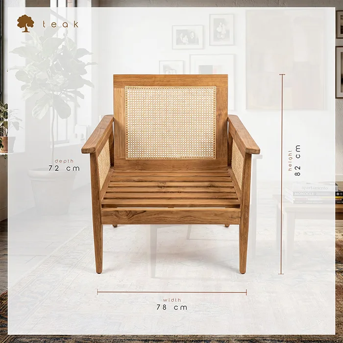 Masif teak iskelet hazeran sırt ve yan panelli berjer 78x72x82 cm ölçüleri