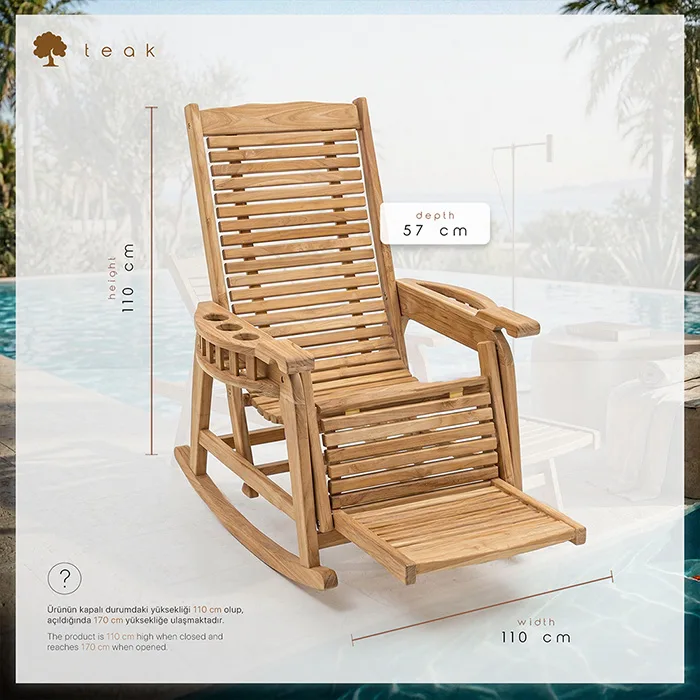 Ölçüleri gösterilen teak sallanan sandalye tasarımı