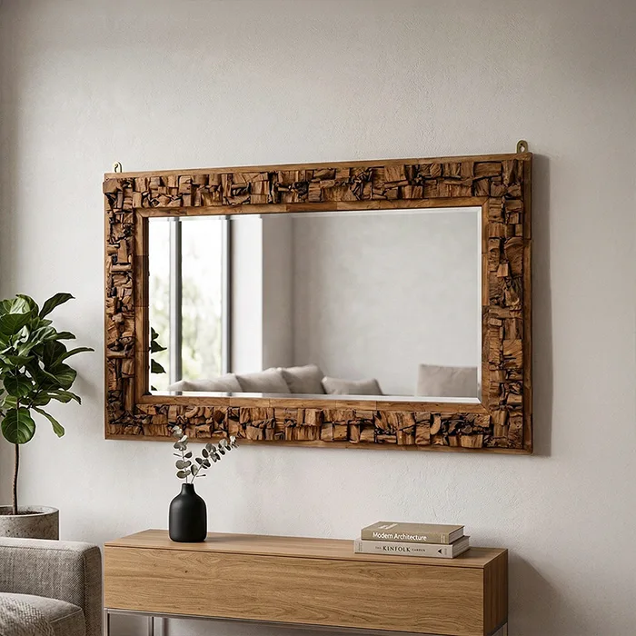 Modern iç mekânda kullanılan parçalı teak çerçeveli duvar aynası