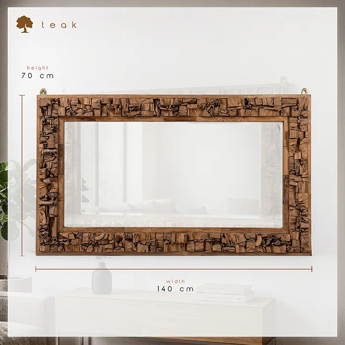 Ölçüleri belirtilmiş yatay formda teak çerçeveli ayna