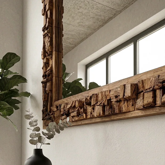 Masif teak parçalı çerçeveye sahip dekoratif duvar aynası detay görünümü