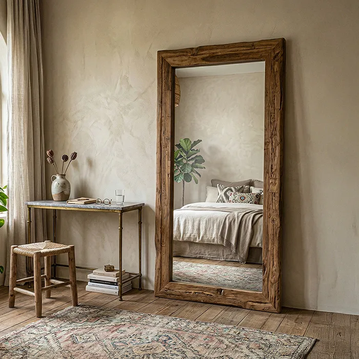 Yatak odasında kullanılan doğal teak çerçeveli boy aynası